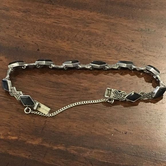 Vintage Black Onyx Marcasite Sterling Silver Tennis Bracelet - Picture 6 of 8